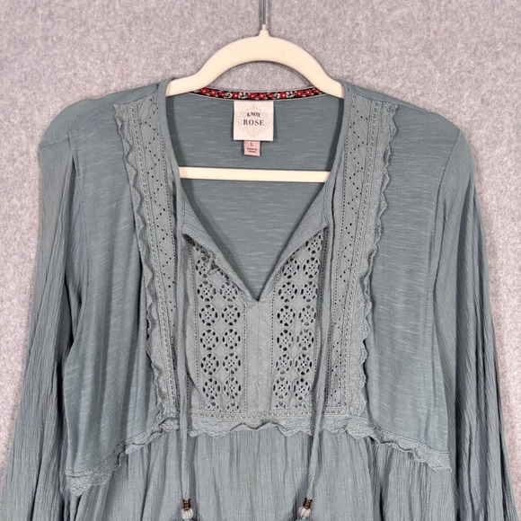 Knox Rose Peasant Tunic Large Babydoll Crinkle Crochet Eyelet Boho Flowy Tassel - Picture 2 of 9